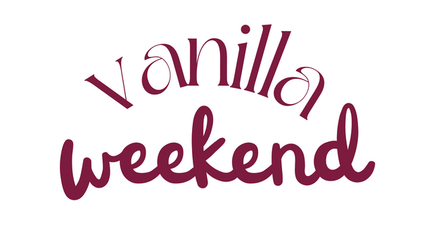 Logo of Vanilla Weekend with a serif font type for "Vanilla" and a handwritten font type for "Weekend." Both words are lowercase. Vanilla is above Weekend in a downward facing curve and weekend is straight across. The words are in a dark red color and on a white background.
