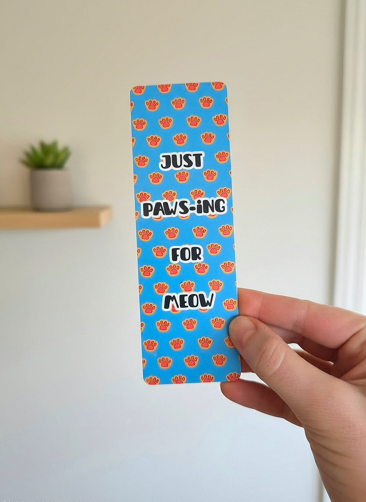 A hand holding a bookmark with a blue background and orange kitty paws with overlay statement of "Just Paws-ing for Meow." Light colored background with a plant on a shelf.