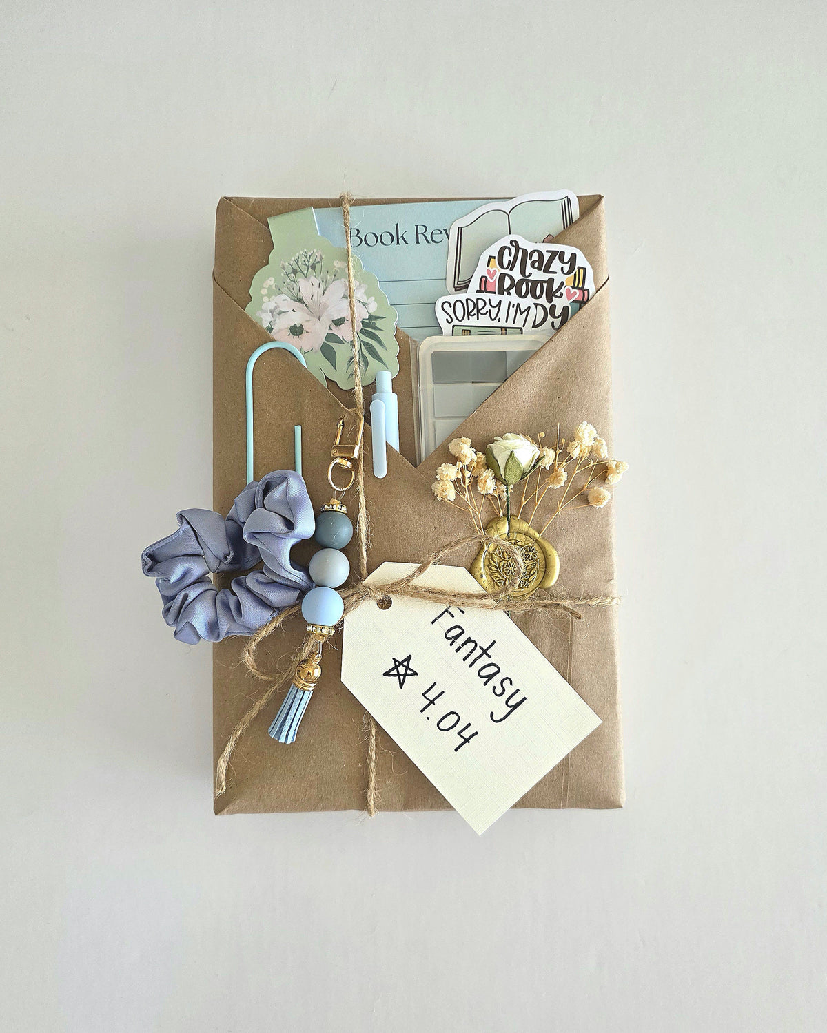 Blind date with a book - book wrapped in brown craft paper with twine and a white tag that states "Fantasy, 4.04 stars." Also a flower embellishment with baby's breath and white rose that is wax-stamped on the brown craft paper. There is a magnetic flower bookmark, book review card, 3 stickers, sticky notes for annotating, a pen, and a hair tie entwined in a large paperclip in the folds. Lastly, a blue bead and tassel keychain is hanging from one of the folds.